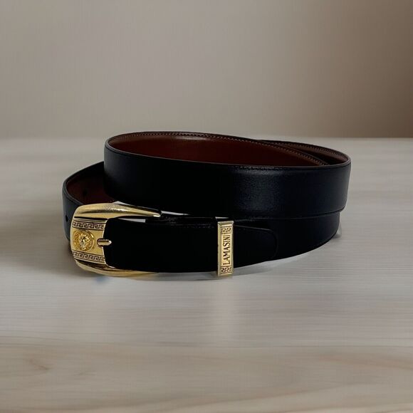Men's Lamasini Black Golden Lion Head Belt Bonded Leather Line 38 Designer - Picture 1 of 8